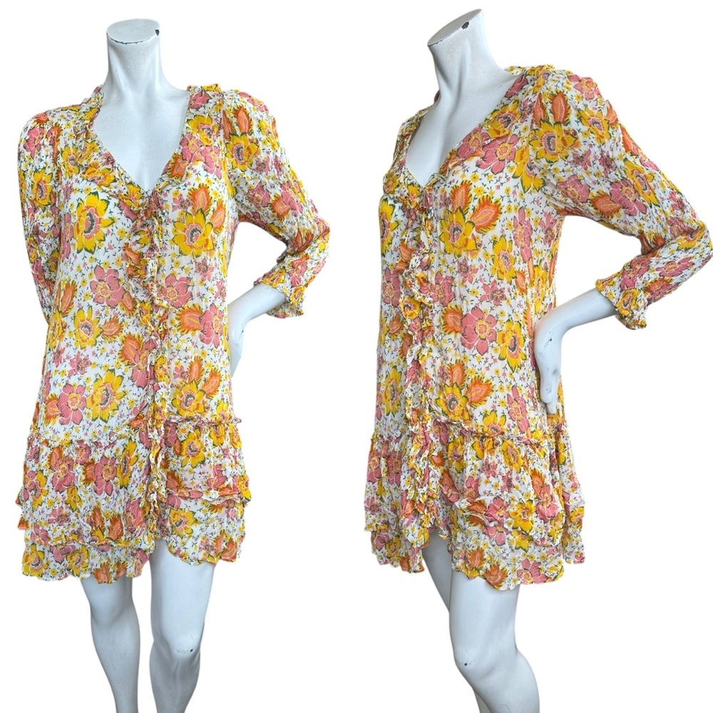 Cleobella Audrey Pink Yellow Cream Long Sleeve Ruffled Button Down Mini Dress S